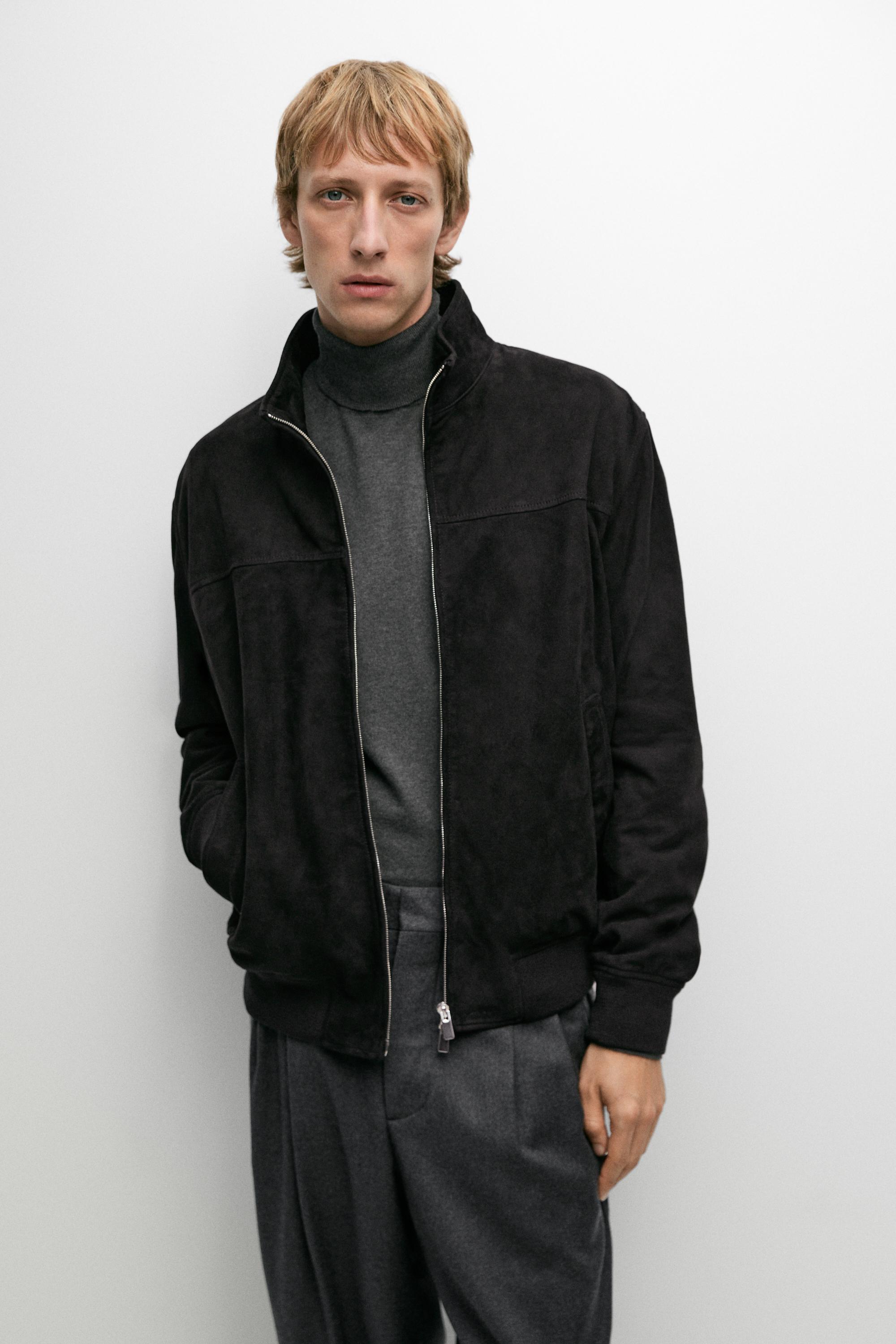 Blouson bomber en cuir et daim