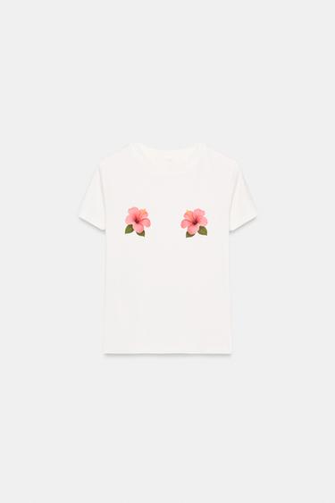 T-SHIRT MANCHES COURTES IMPRIMÉ FLEUR - Blanc de Zara - Image 2