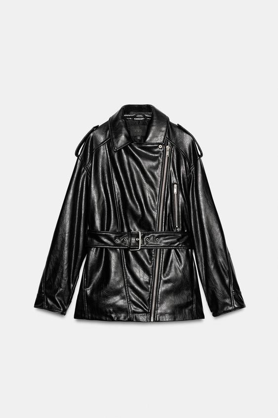 CAZADORA BIKER LARGA EFECTO PIEL - Negro de Zara - Imagen 0