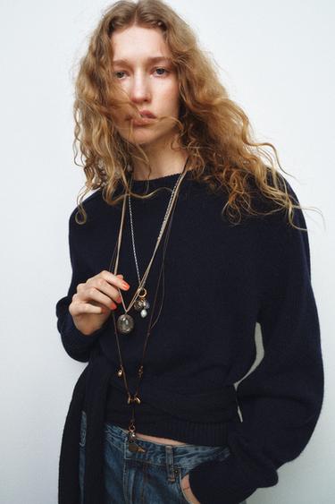 Zara 100% WOOL JUMPER WITH SHOULDER PADS - Navy blue