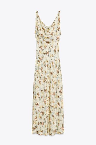 Zara ZW COLLECTION 印花緞面連身裙 - 黃色