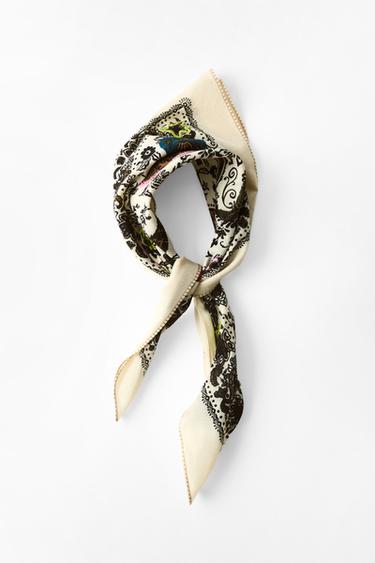 Zara EMBROIDERED PRINTED SCARF - Ecru