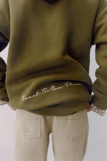 Zara EMBROIDERED TEXT HOODIE - Khaki - Image 0