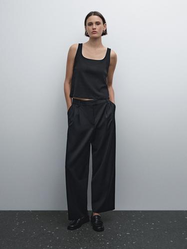Zara Contrast ribbed cotton T-shirt - Black