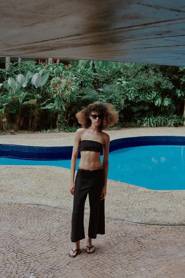 PANTALON JUPE-CULOTTE EN LIN AVEC CEINTURE TRESSÉE - Noir de Zara - Image 6