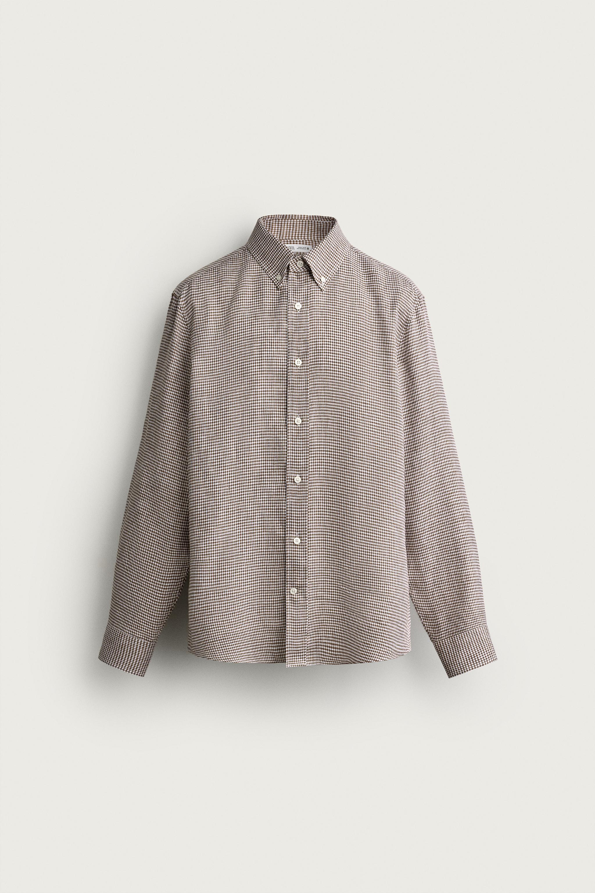 100% LINEN PLAID REGULAR FIT SHIRT — taupe brown