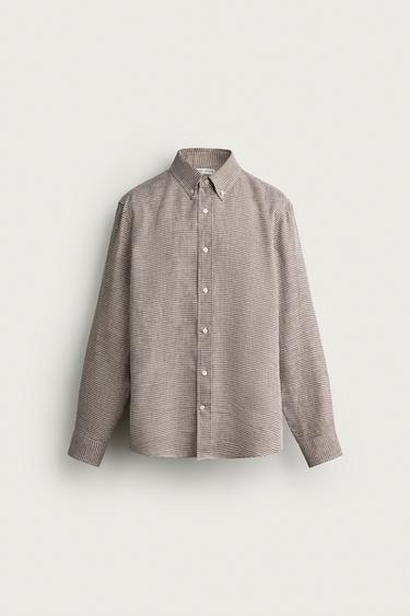 KEMEJA REGULAR FIT KOTAK-KOTAK 100% LINEN - sawo matang dari Zara