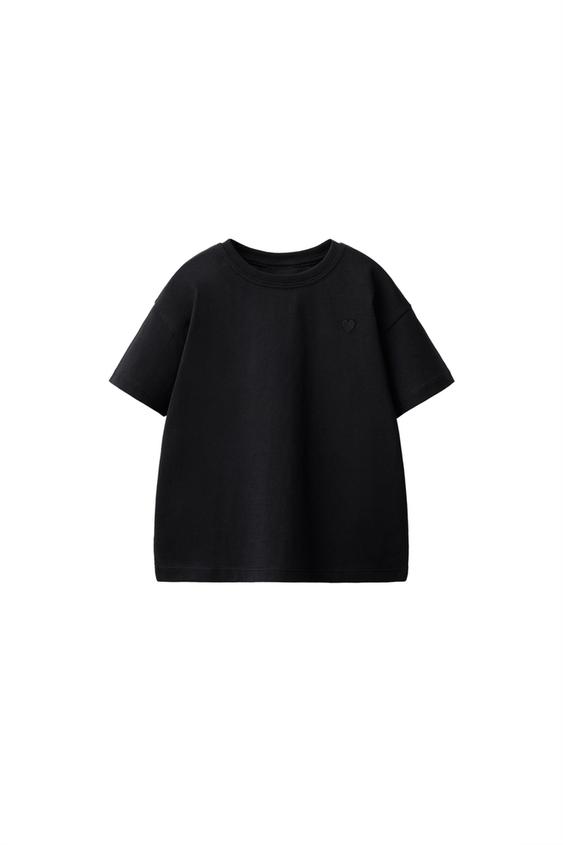 Zara EMBROIDERED HEART PLAIN T-SHIRT - Black - Image 0