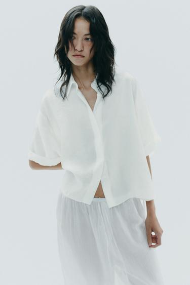 Zara FLOWY SHORT SLEEVE SHIRT - Ecru
