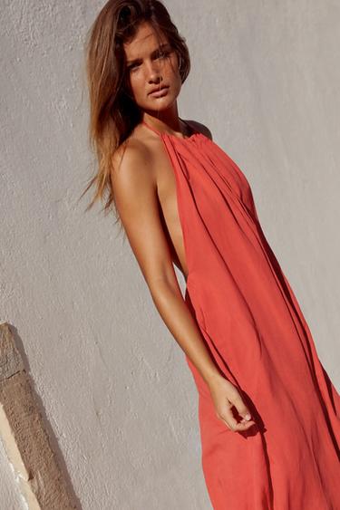 OPEN BACK HALTER DRESS - Red / Coral by Zara