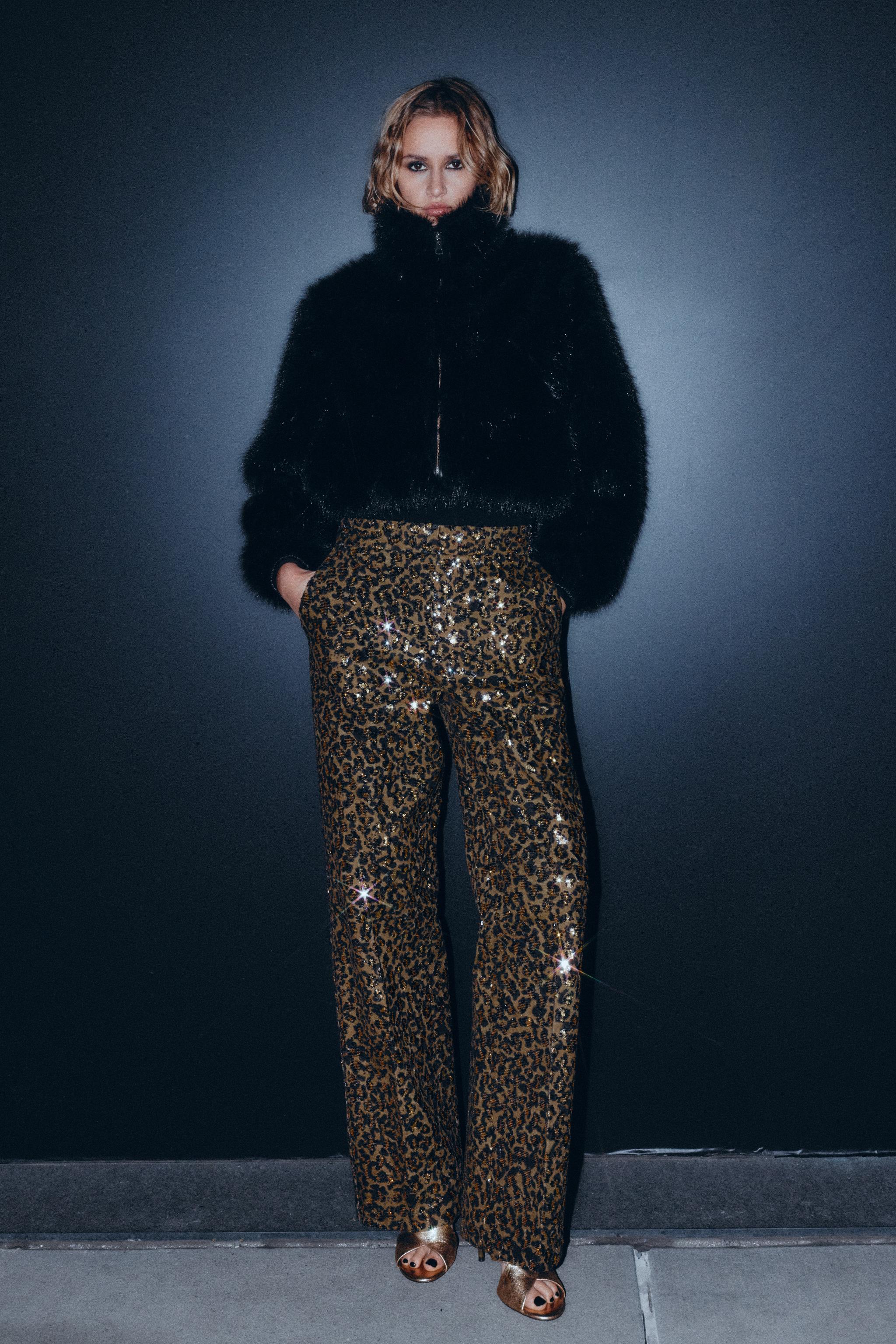 ANIMAL PRINT SEQUIN STRAIGHT LEG PANTS - Black gold | ZARA Canada