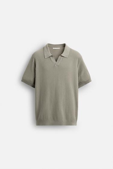 Zara RIBBED KNIT POLO SHIRT - Beige / Green