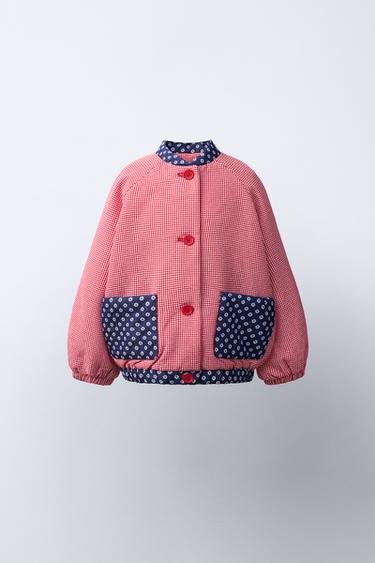 Zara GINGHAM AND FLORAL BOMBER JACKET - White / Red