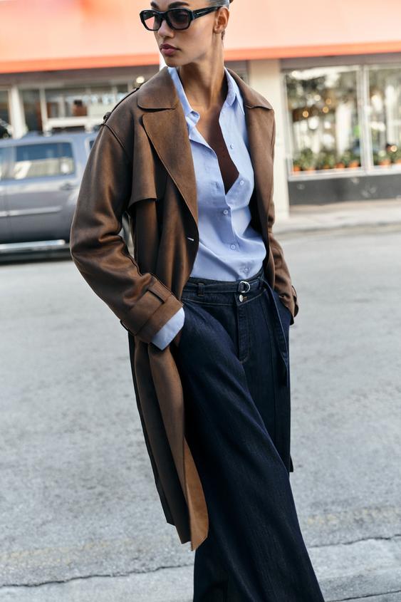 TRENCH LARGO EFECTO ANTE CINTURÓN - Marrón de Zara - Imagen 0