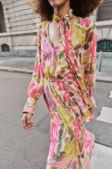 VESTIDO ESTAMPADO FLORAL LAZO CINTURÓN - Multicolor de Zara