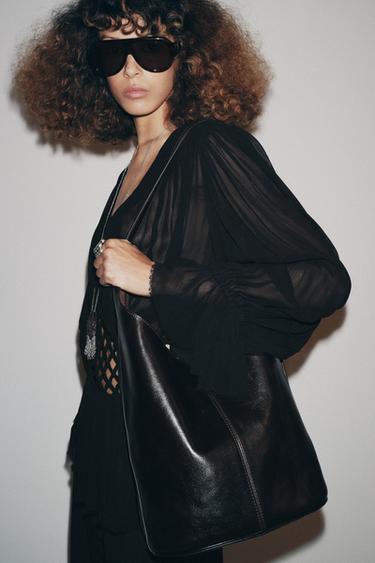 ASYMMETRIC LEATHER BUCKET BAG - Black by Zara