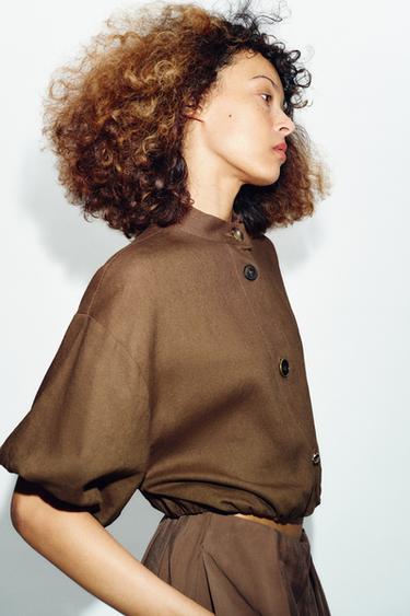 LINEN BLEND PUFF SLEEVE SHIRT - Brown / Taupe by Zara - Image 2