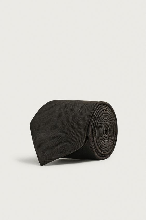Zara 100% SILK HERRINGBONE TIE - Brown - Image 0