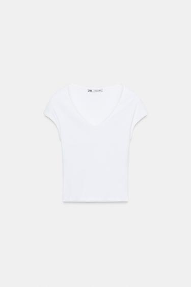 CAMISETA CROP ESCOTE PICO - Blanco de Zara - Imagen 0