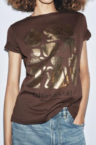 T-SHIRT MÉTALLISÉ À MANCHES COURTES - Chocolat de Zara - Image 2