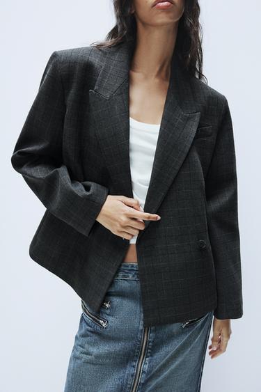 Zara OVERSIZED PLAID CROP BLAZER - Gray marl