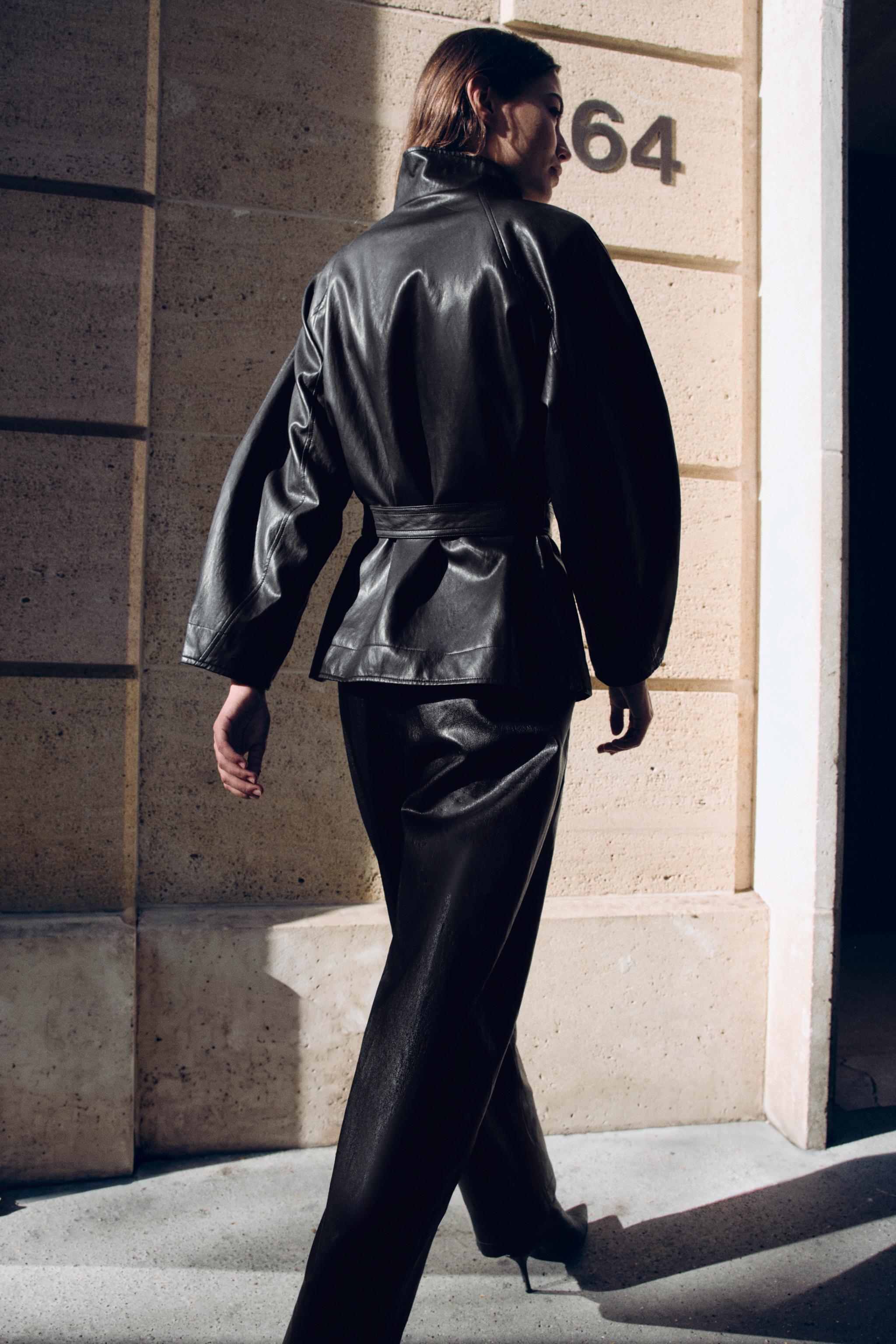 FAUX LEATHER BELTED JACKET