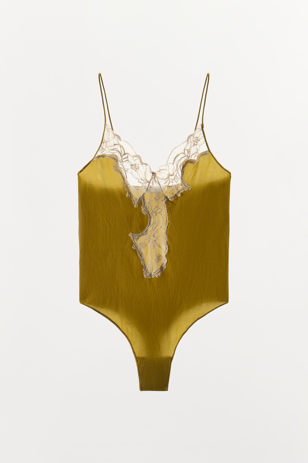 LACE TRIM STRAPPY BODYSUIT — Mustard