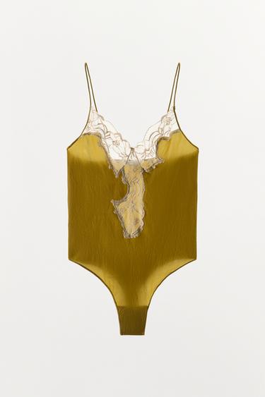 LACE TRIM STRAPPY BODYSUIT — Mustard 2
