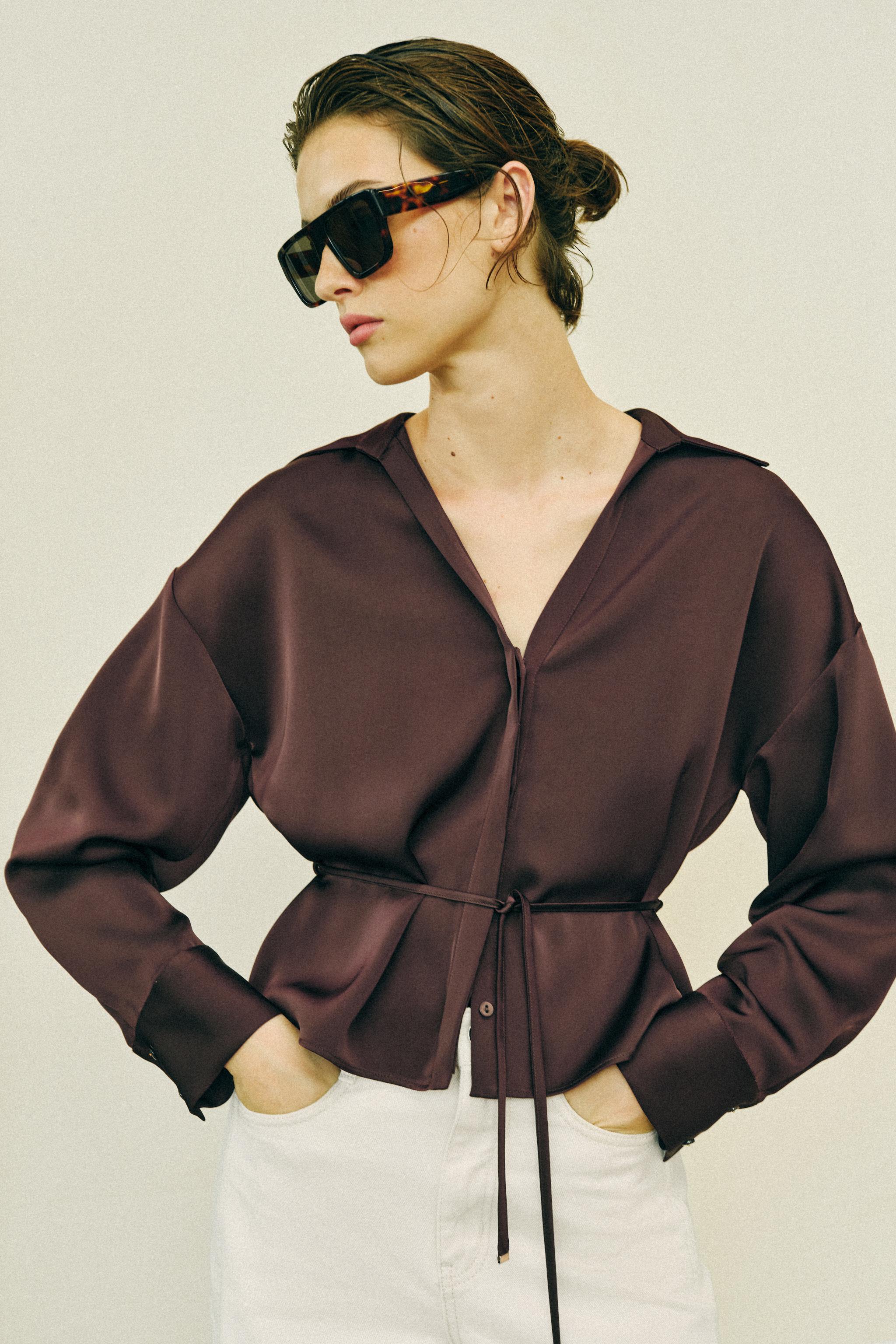 BELTED SATIN EFFECT BLOUSE