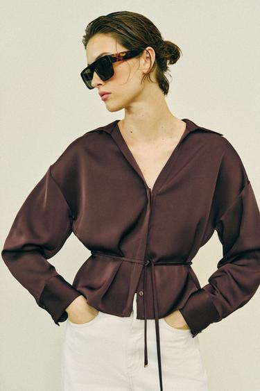 BLUSE IN SATINOPTIK MIT GÜRTEL - Braun von Zara
