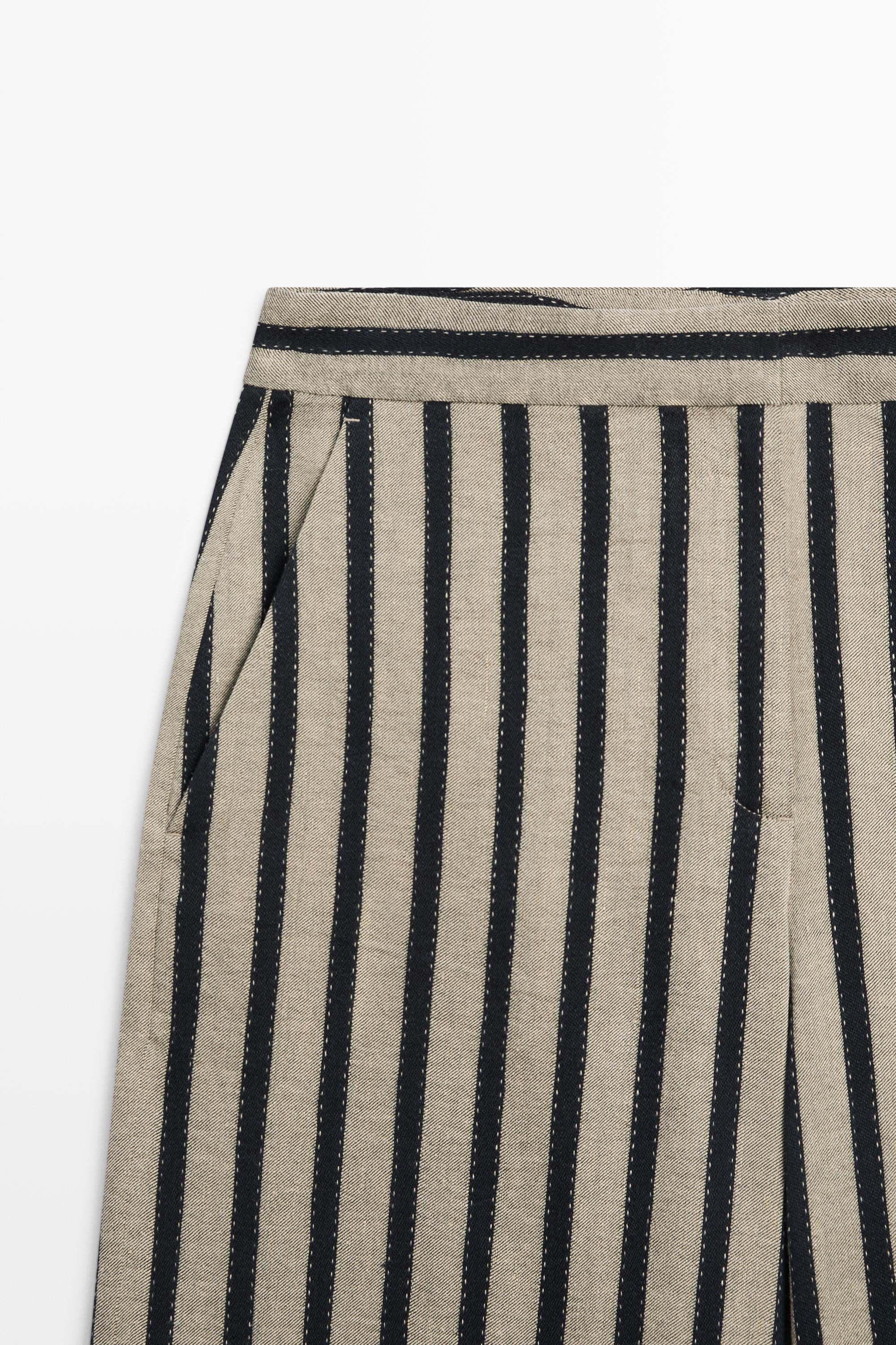 Striped linen blend wide-leg trousers — Sand