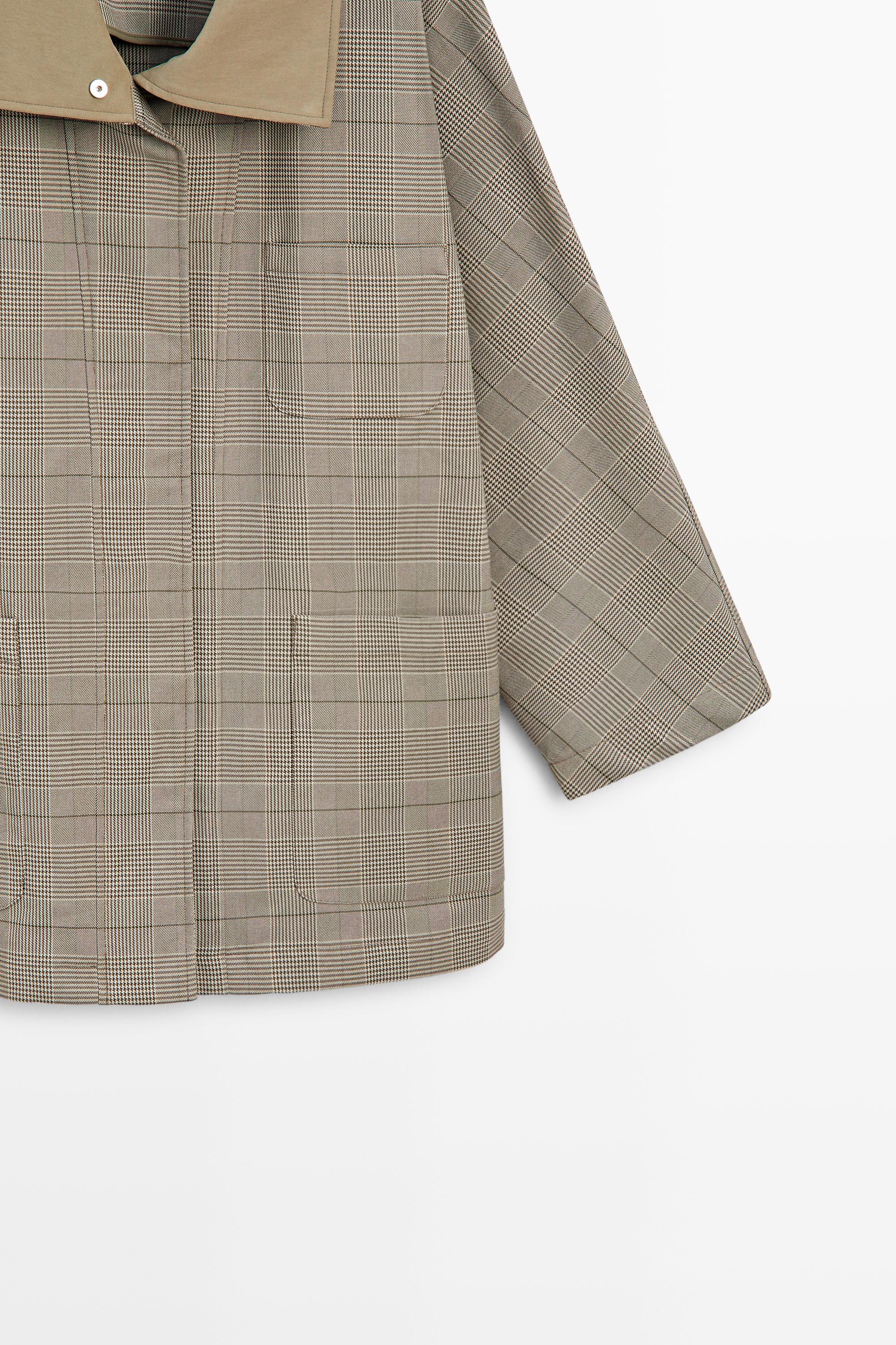 Cotton blend plaid high neck jacket