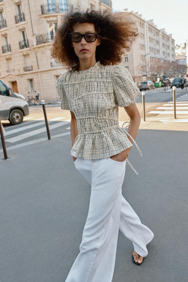 BLUSA XADREZ BORDADA COM LAÇOS - Branco / Preto da Zara