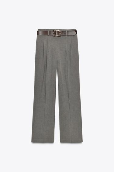 PANTALÓN RECTO CINTURÓN - Gris / Tostado de Zara