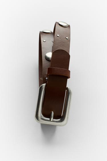 Zara STUDDED LEATHER BELT - Brown