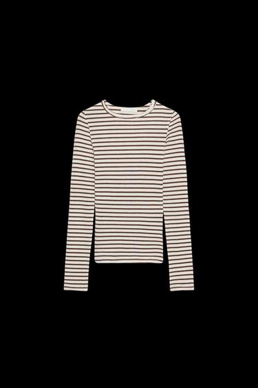 STRIPED LONG SLEEVE T-SHIRT - Ecru / Brown by Zara - Image 0