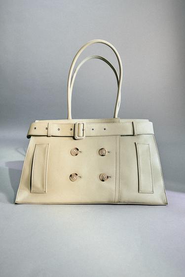 Zara LEATHER CITY BAG WITH BELT DETAIL - Beige