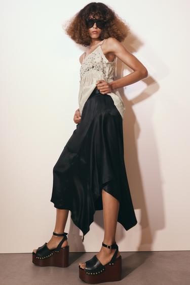 ASYMMETRIC SATIN MIDI SKIRT - Black by Zara
