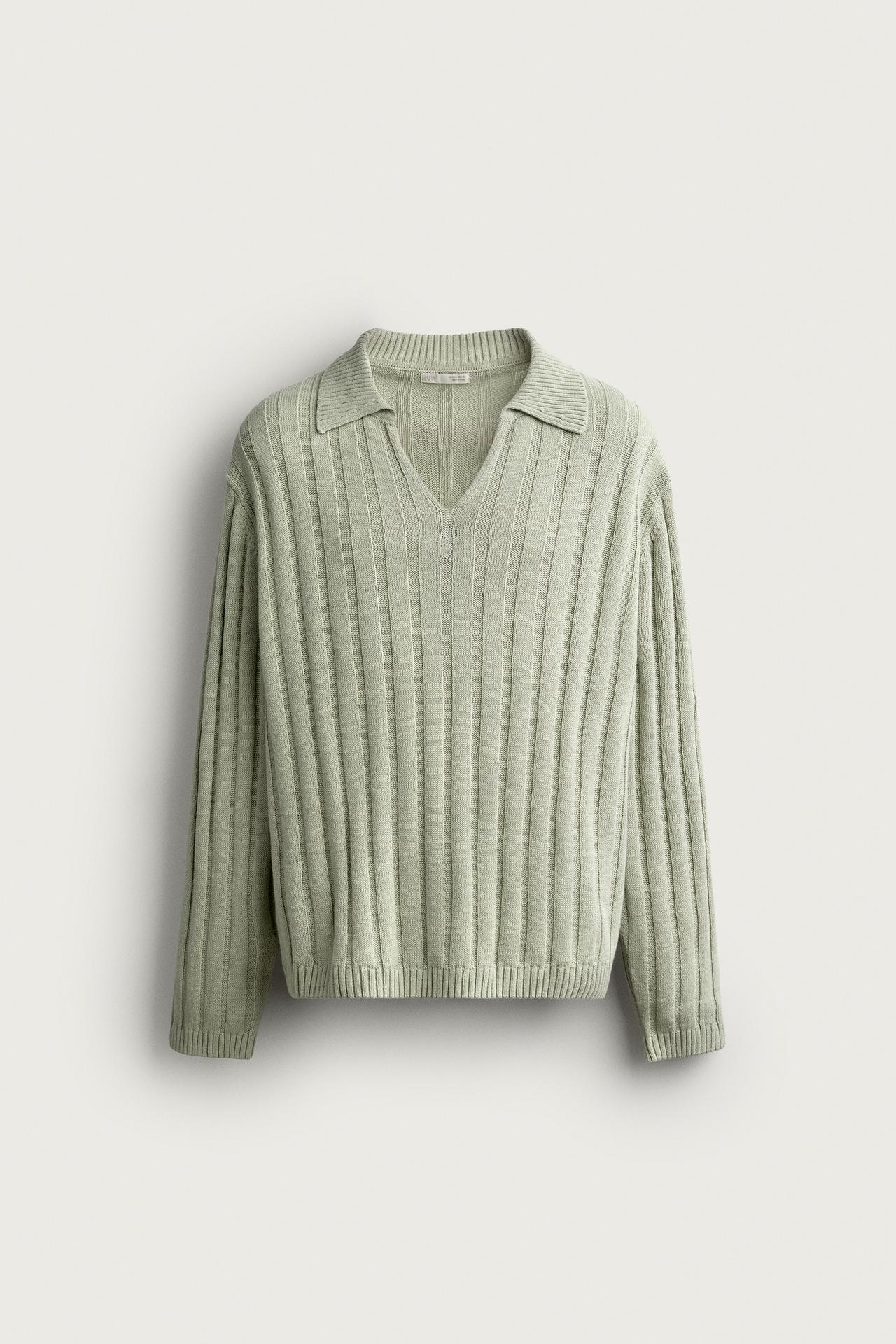 LINEN-COTTON RIBBED KNIT POLO — Washed green