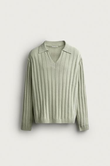 LINEN/COTTON RIBBED KNIT POLO SHIRT - washed green by Zara