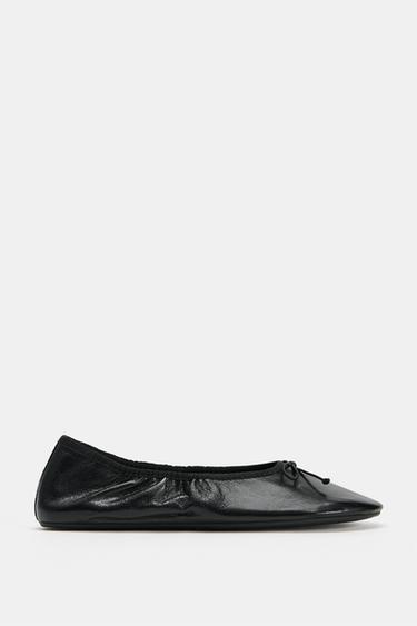 Zara RUFFLED LEATHER BALLET FLATS - Black