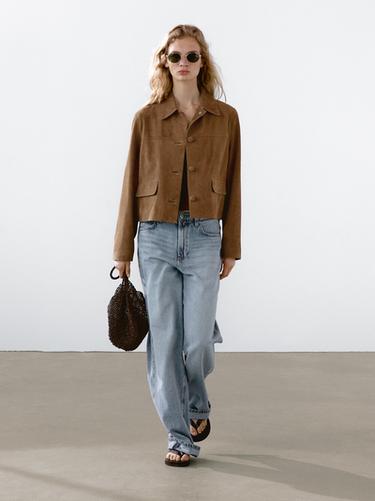 Zara Suede leather jacket with lined buttons - Brown / White