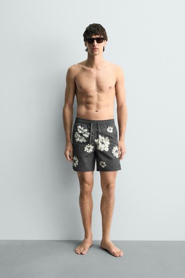 LONG FLORAL PRINT SWIMMING TRUNKS - Grey by Zara - Image 0