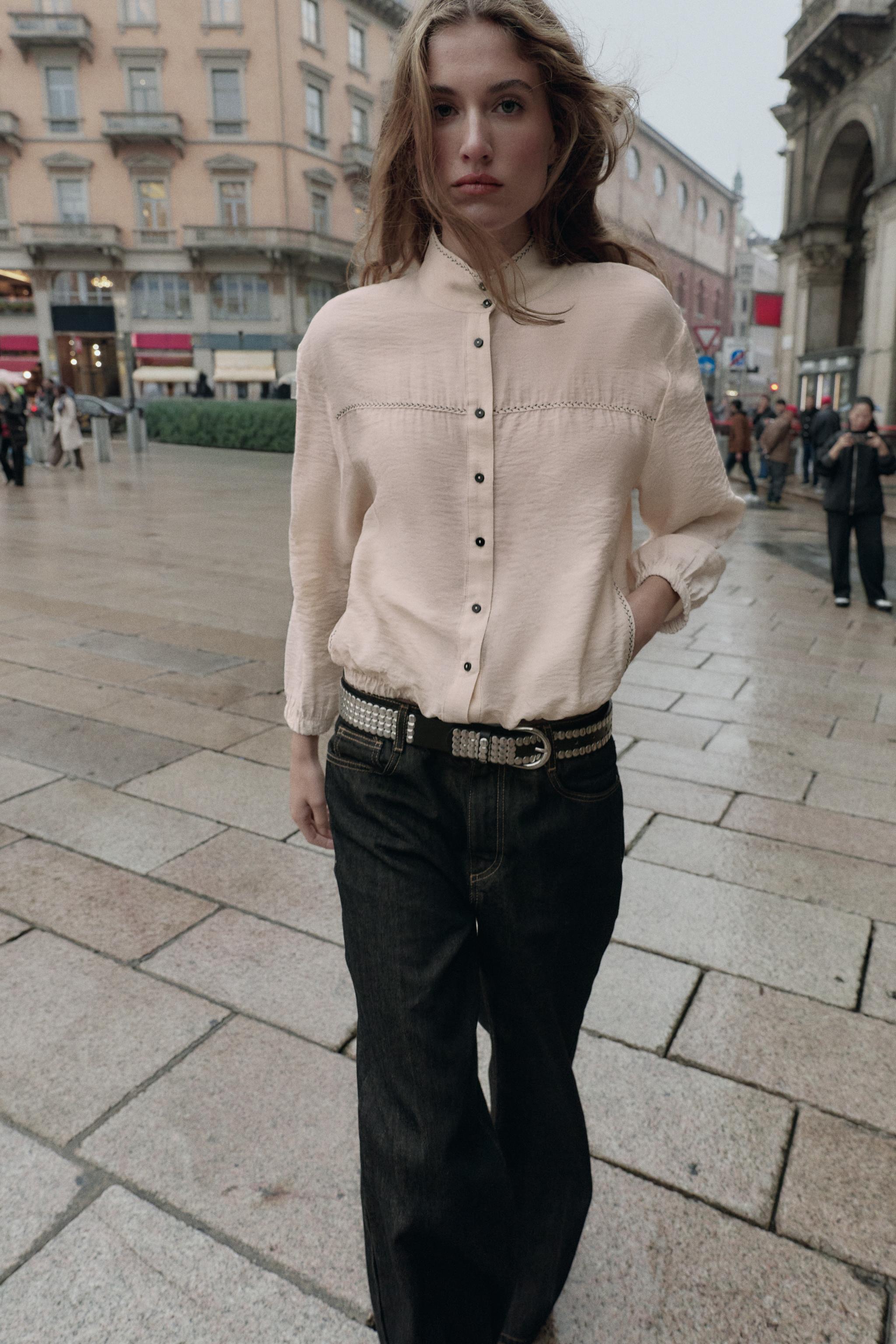 CONTRAST STITCH BALLOON TOP - Ecru | ZARA United States