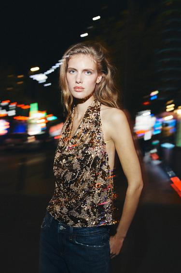 TOP HALTER LENTEJUELAS - Dorado de Zara