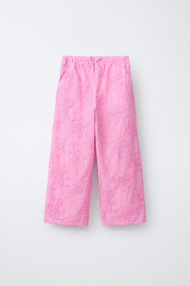 PANTALLONA WIDE LEG ME LULE TË QËNDISURA - Rozë e mesme nga Zara