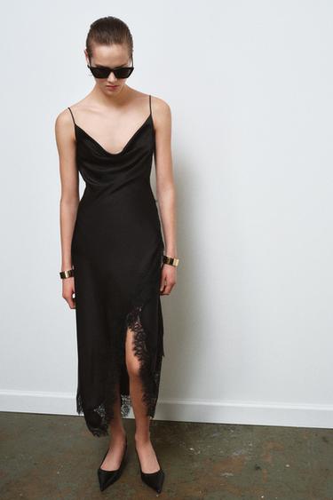 VESTIDO SATINADO ENCAJE ZW COLLECTION - Negro de Zara