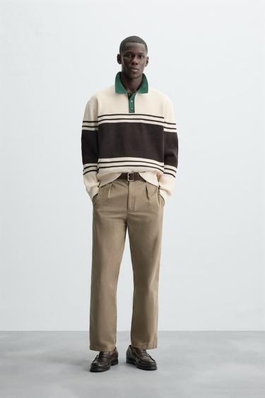 Zara TEXTURED KNIT POLO SHIRT - Ecru / Brown - Image 0