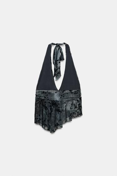 FLOCKED TULLE HALTER TOP - Dark navy by Zara - Image 6