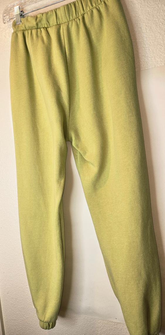 Light green sweatpants hanging on a clear hanger, with an elastic waistband and fitted cuffs.